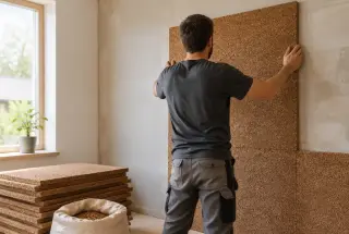 Artisan posant un panneau de liège expansé sur le mur intérieur d’une maison en rénovation.