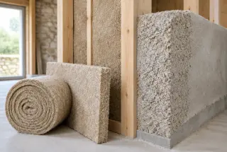 Rouleau de laine de chanvre et section de mur en béton de chanvre dans un chantier de rénovation écologique.