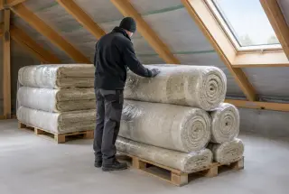 Artisan inspectant des rouleaux de laine de mouton isolante soigneusement stockés dans un grenier sec et propre.