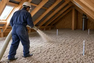 Professionnel équipé soufflant une couche régulière de ouate de cellulose dans les combles d’une maison.