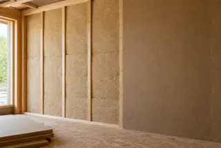 Mur en ossature bois montrant un panneau souple de fibre de bois entre les montants et un panneau rigide posé en couche continue.