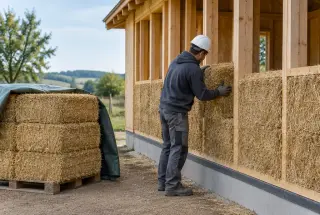 Artisan intégrant une botte de paille dans l’ossature en bois d’une maison en construction.