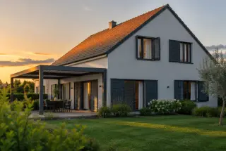 Maison individuelle protégée du soleil en été, avec toiture isolée, fenêtres ouvertes et ventilation nocturne au coucher du soleil.