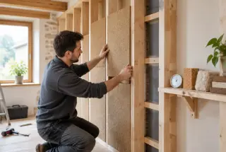 Artisan posant des panneaux de fibre de bois dans une cloison en rénovation, avec un hygromètre et des matériaux isolants naturels.