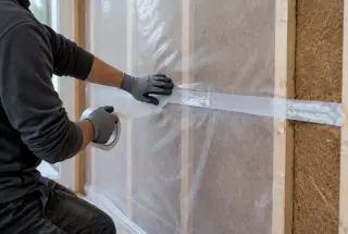 Artisan posant une membrane frein-vapeur sur une isolation en fibre de bois dans une paroi à ossature bois.